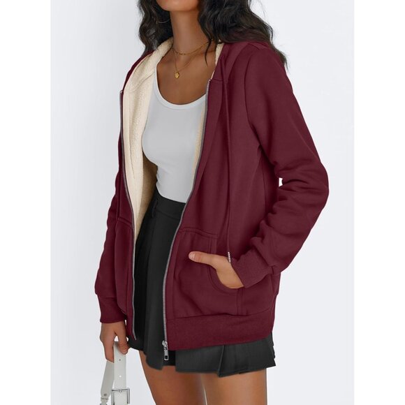 Womens Red Fleece Lined Zip Up Hoodie Jacket Winter Sweatshirt Fall Coat - Picture 3 of 5